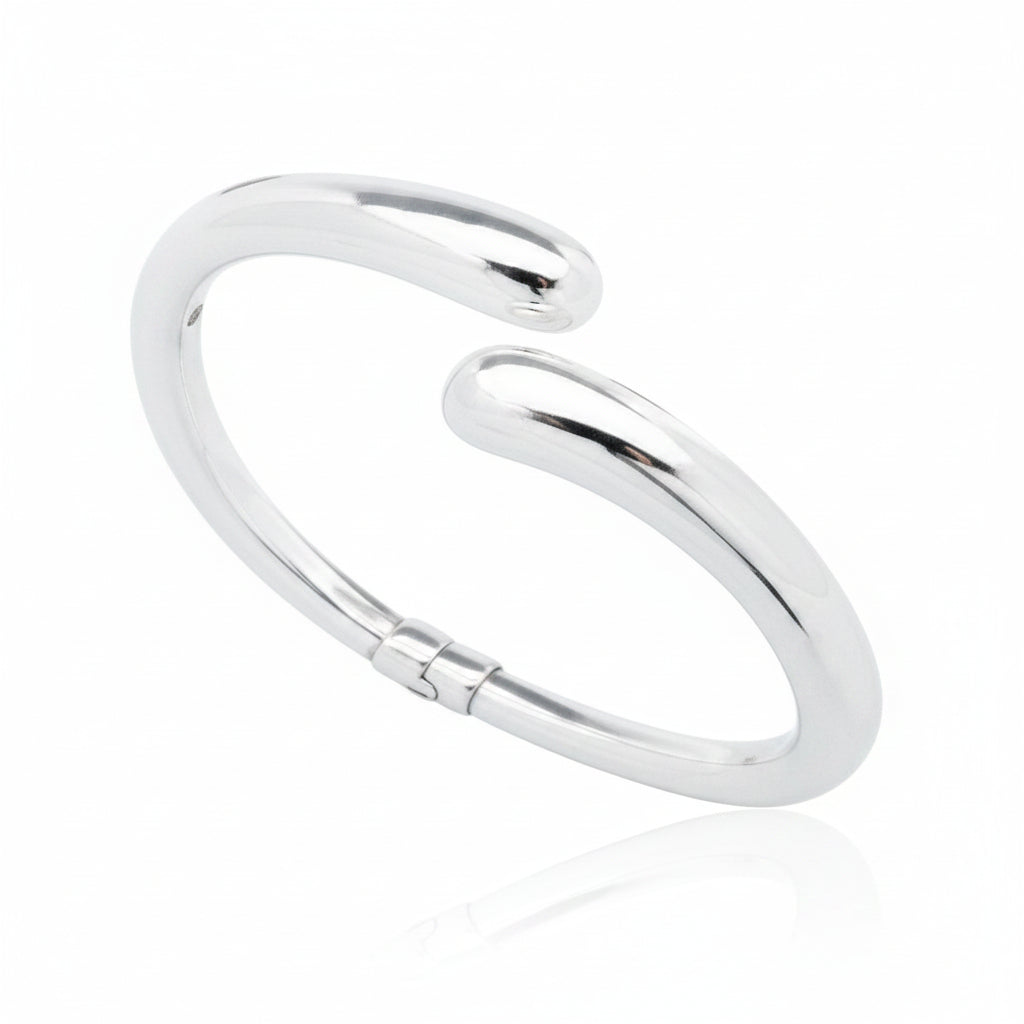 Plain sterling silver open bangle displayed, featuring a sleek and modern design, dimensions 10 x 50 x 60 mm.