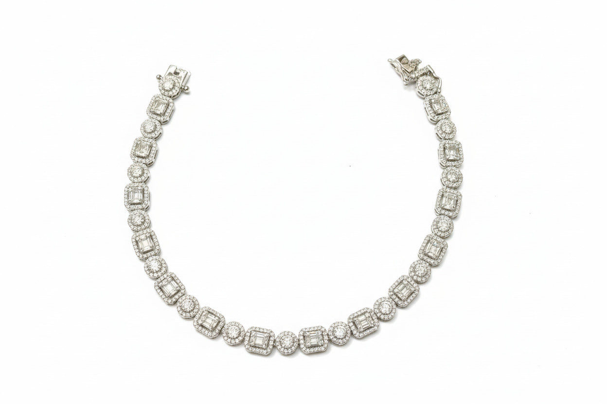 Sterling Silver CZ Round & Baguette Cut Halo Bracelet BCZ010