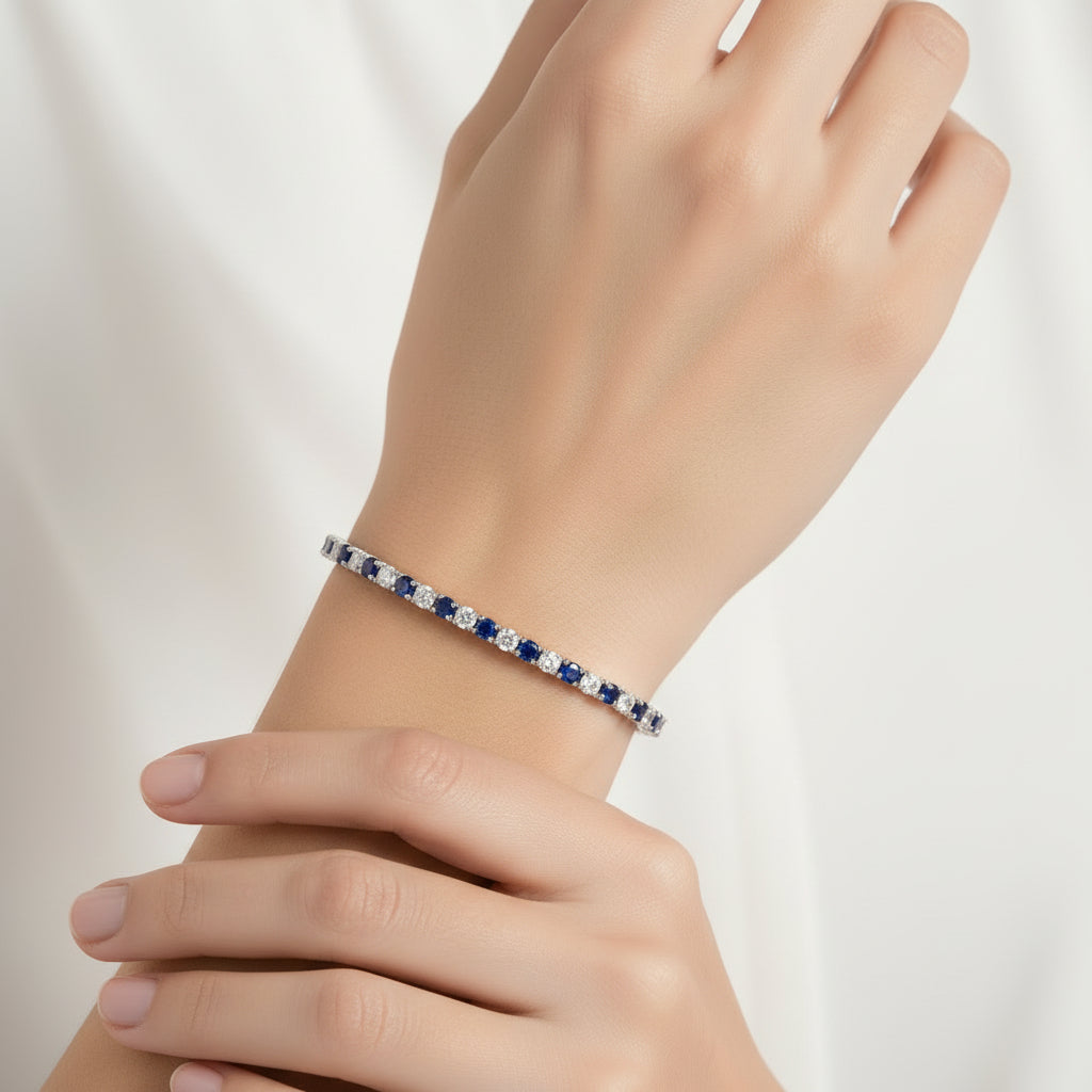 Sterling Silver 7.5" Tennis Bracelet White-Blue 3 MM CZ Stone BRCZ106WB