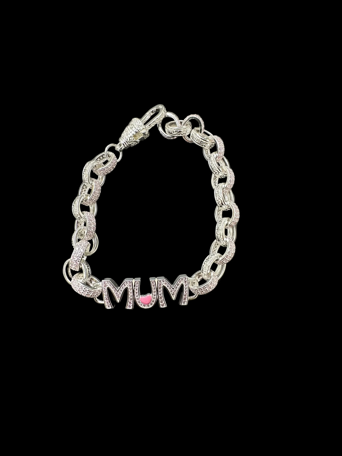 Sterling silver pink cz bracelet featuring MUM design and intricate link pattern, 8.5MM - 8" size.