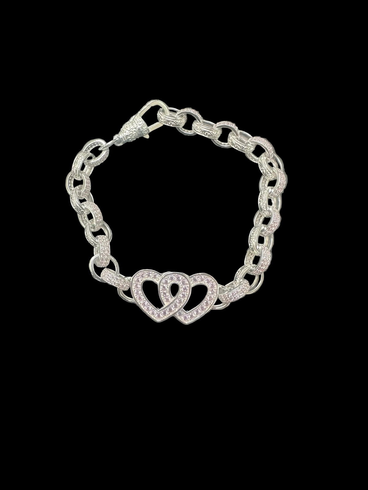 Sterling Silver Pink Cz Pattern Link Open Double Heart Belcher Bracelet, a stunning sterling silver heart bracelet.
