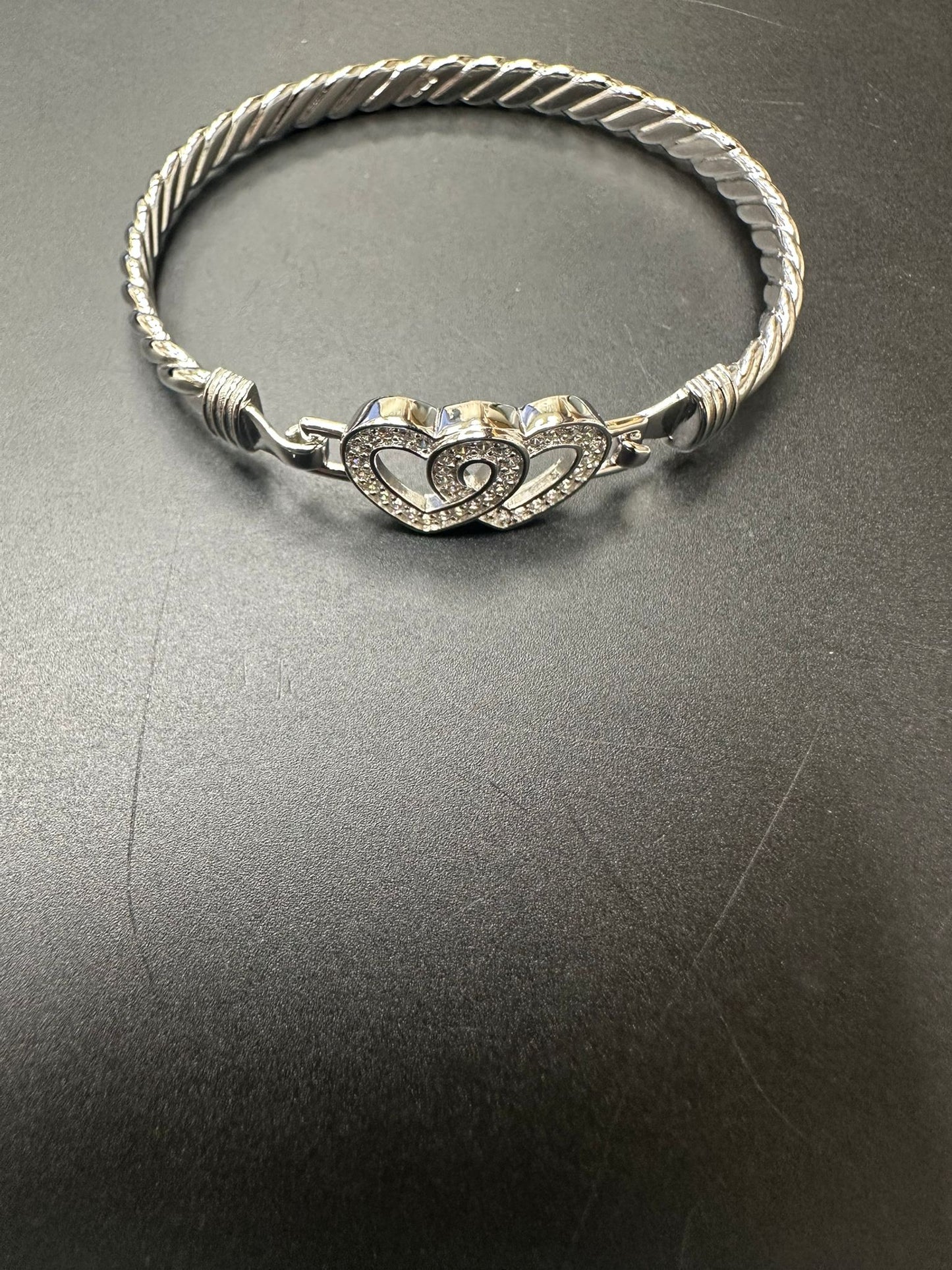 Sterling Silver Bangle Double Heart Shape CZ Stone BG005