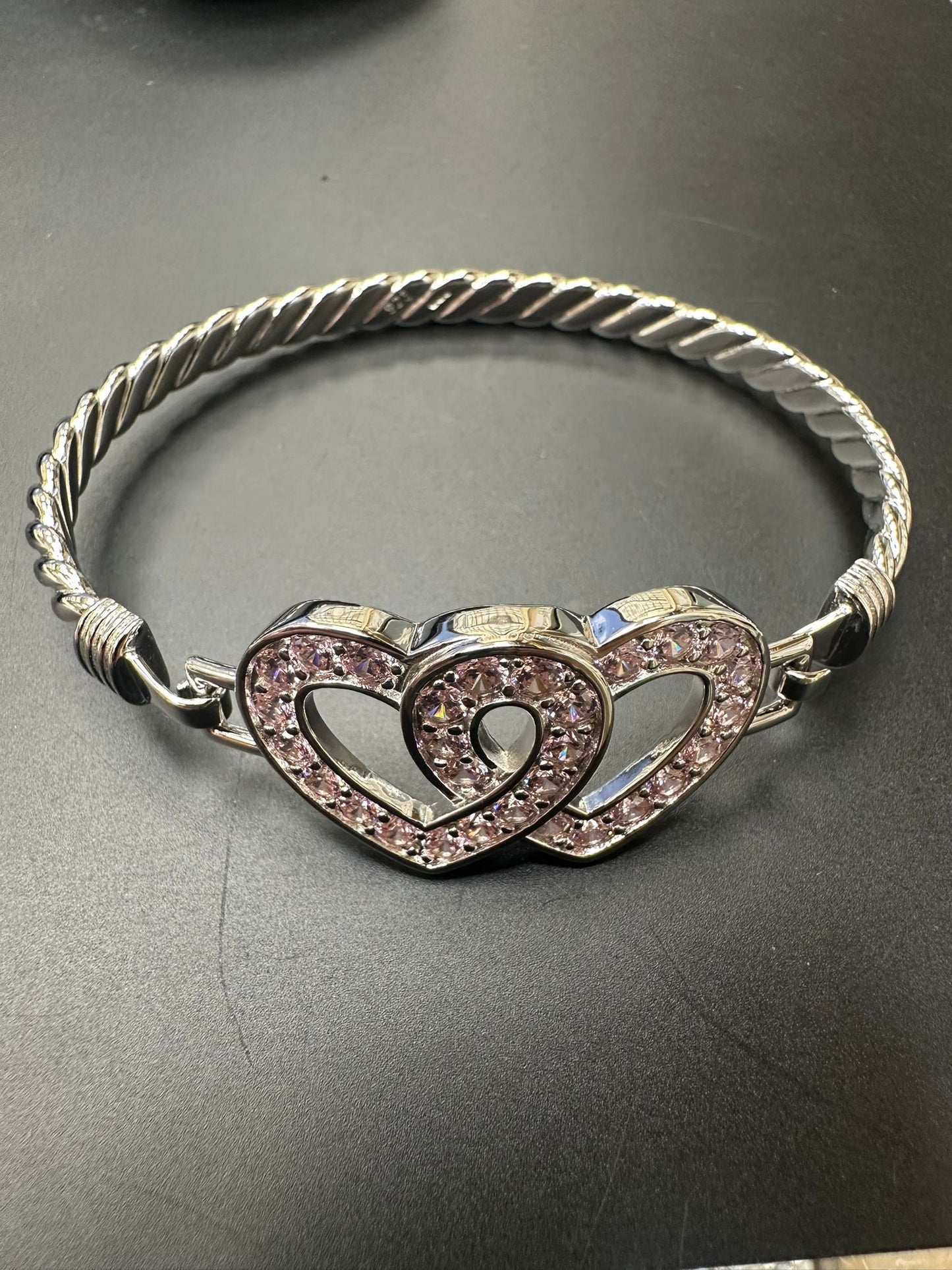 Sterling Silver Bangle Double Heart Shape Pink CZ Stone BG010
