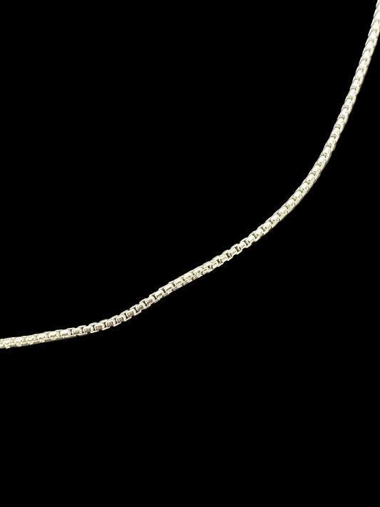 Sterling Silver 1.5 MM Box Chain CHN3345 displayed against a black backdrop.