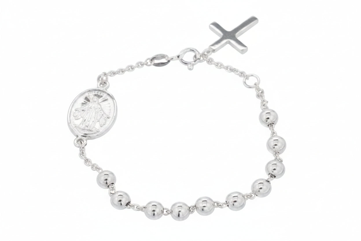 Sterling Silver Rosary Bracelet BR201290040 with 5 mm balls and cross design.