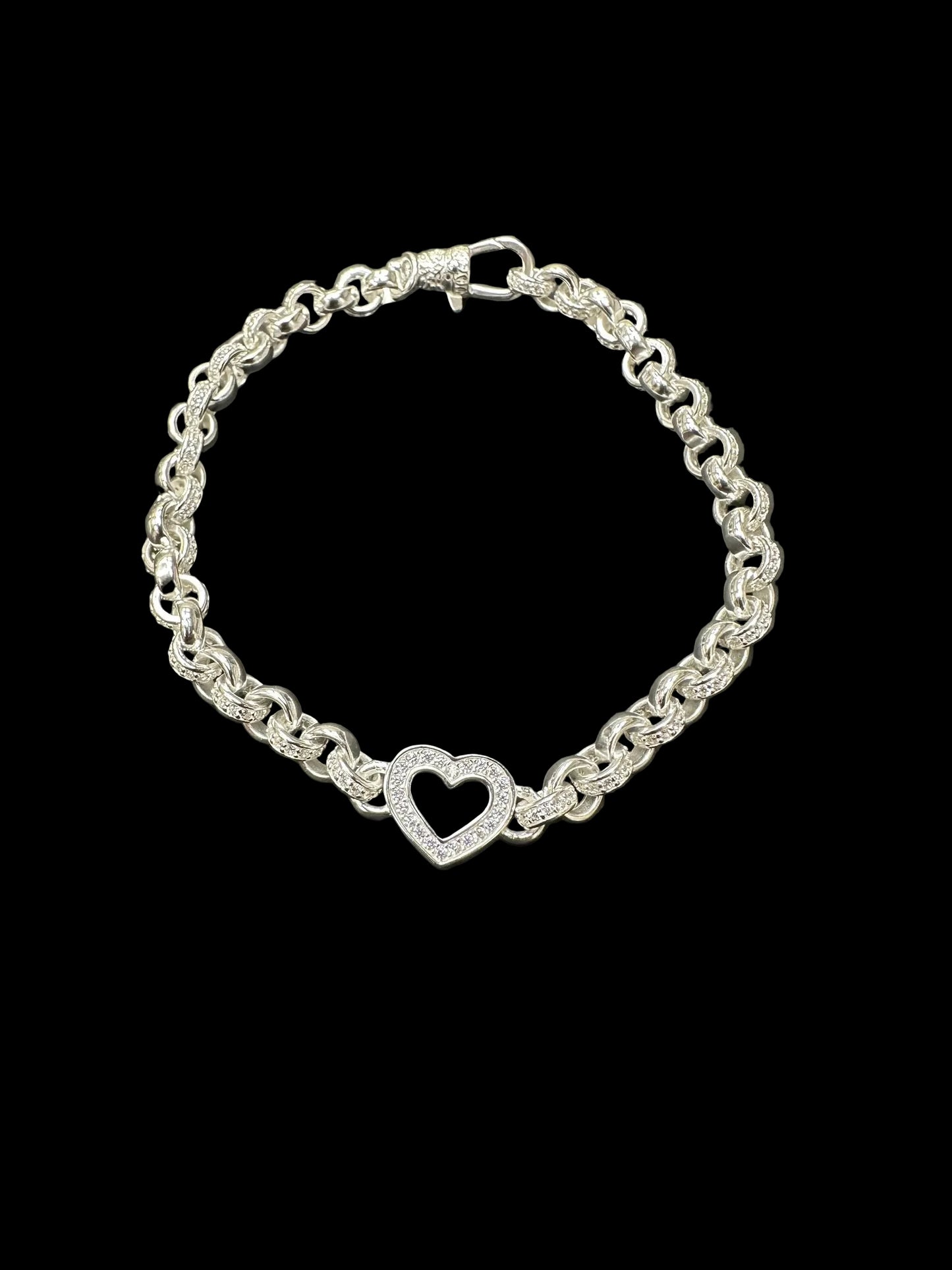 Sterling Silver Plain Pattern Link Cz Open Heart Belcher Bracelet BRCZ012