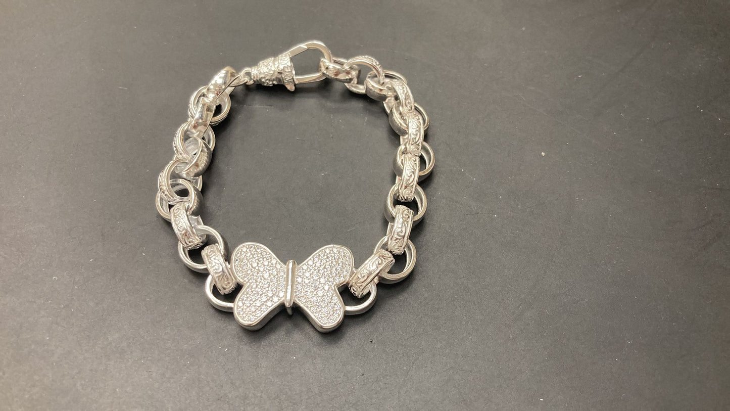 Sterling Silver Plain Pattern Link Cz Butterfly Belcher Bracelet BRCZ017