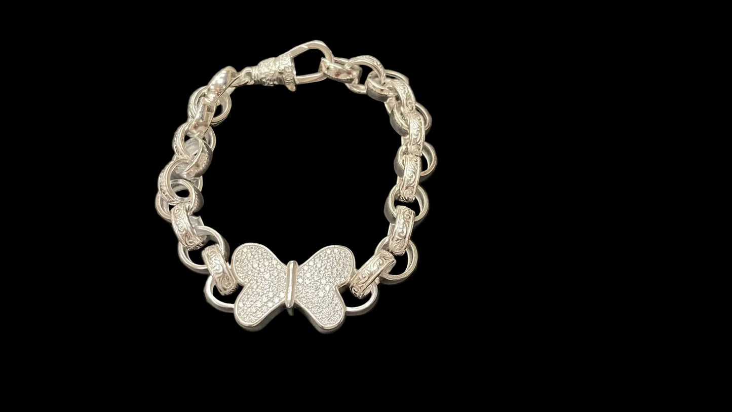 Sterling Silver Plain Pattern Link Cz Butterfly Belcher Bracelet BRCZ018