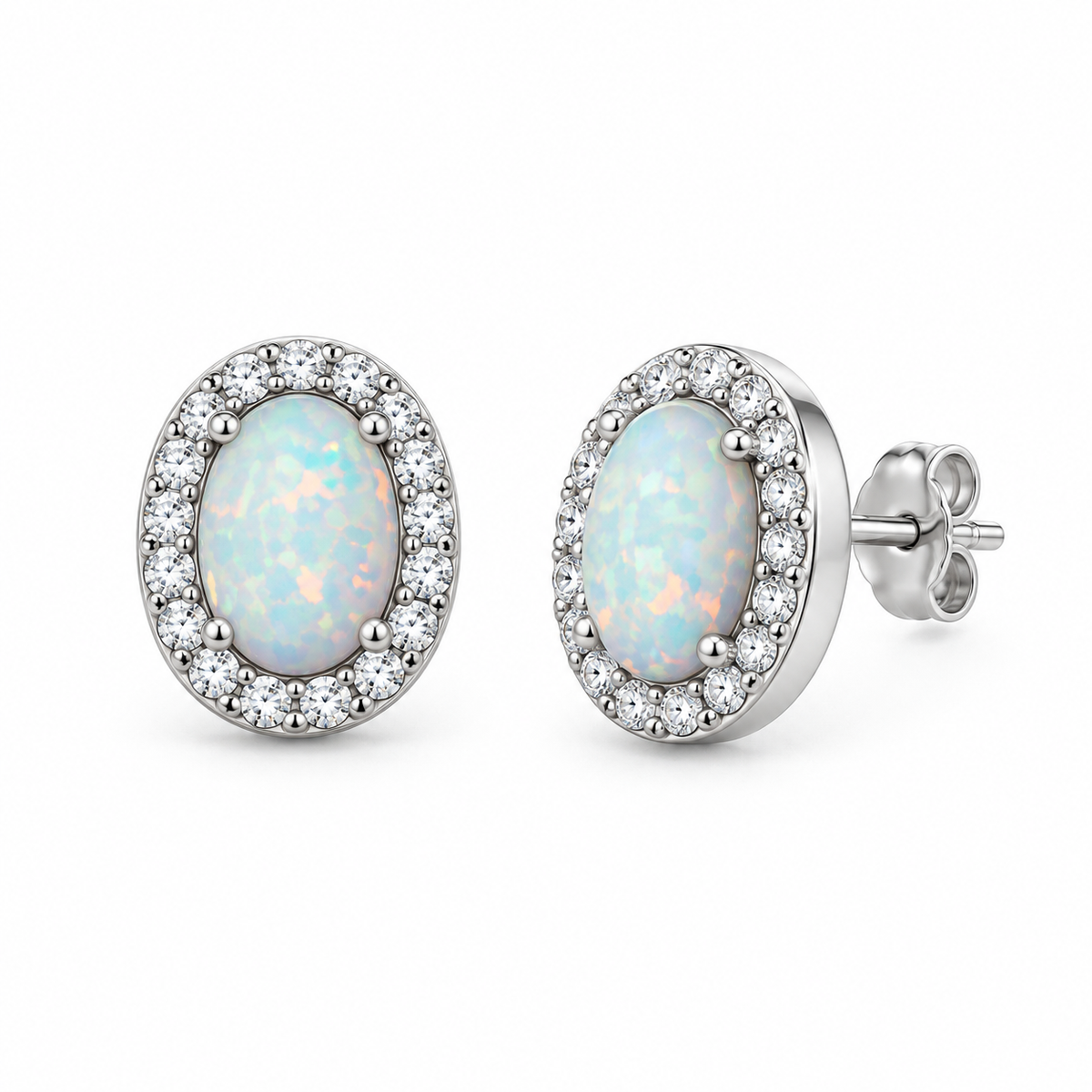Halo Opal and CZ Stud Earring - Silver
