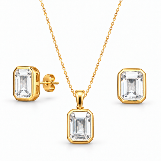 Sterling Silver Necklace-Earring Set Emerald Cut CZ Stone NECZ10010