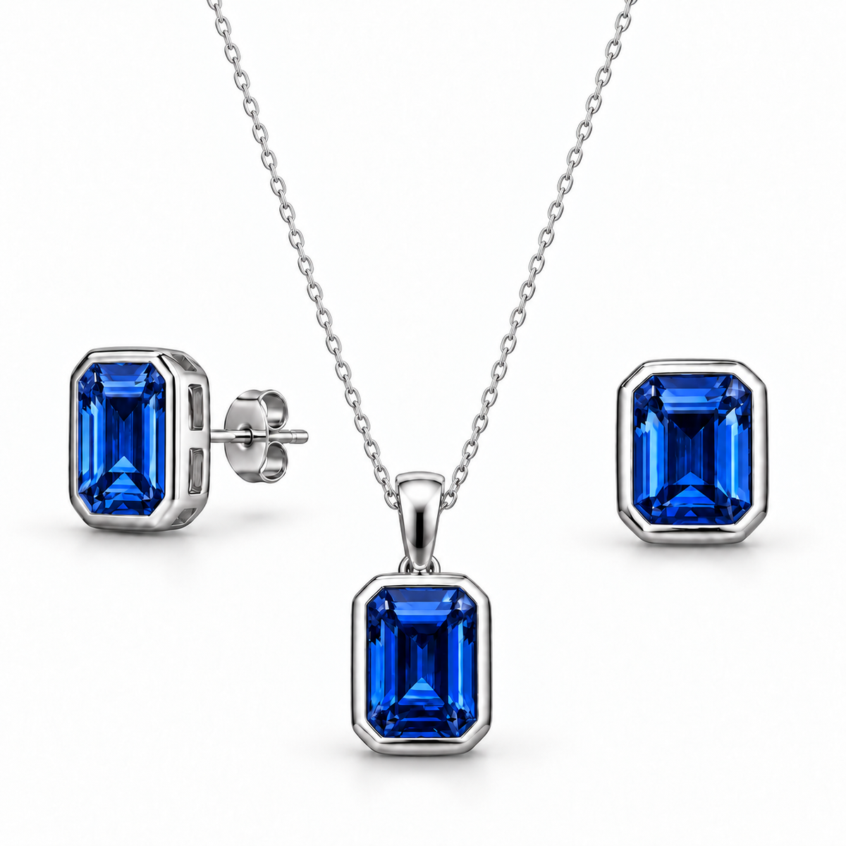Sterling Silver Necklace-Earring Set Emerald Cut CZ Stone NECZ10010