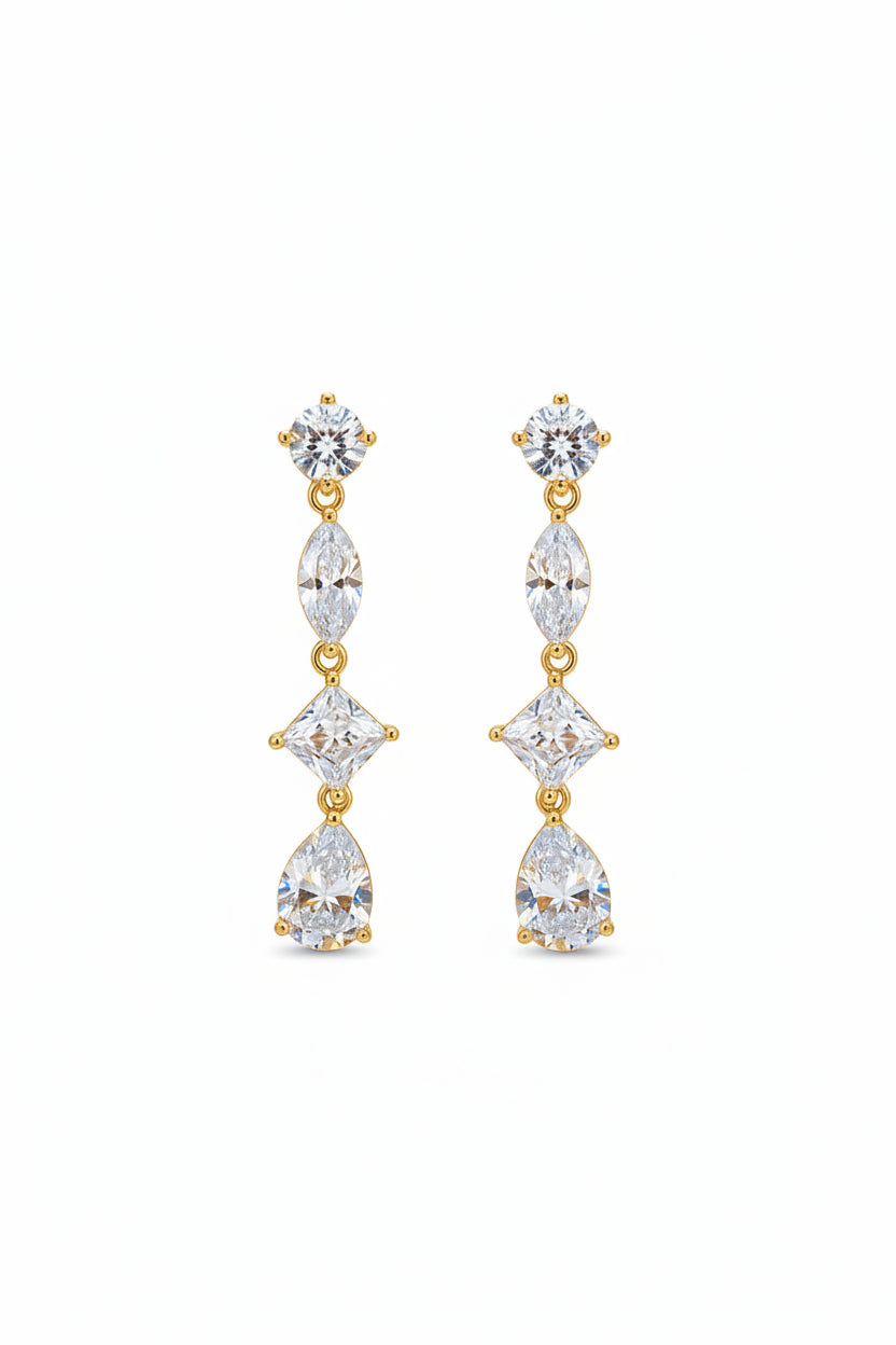 Sterling silver drop earrings with gold plated design and sparkling gemstones.