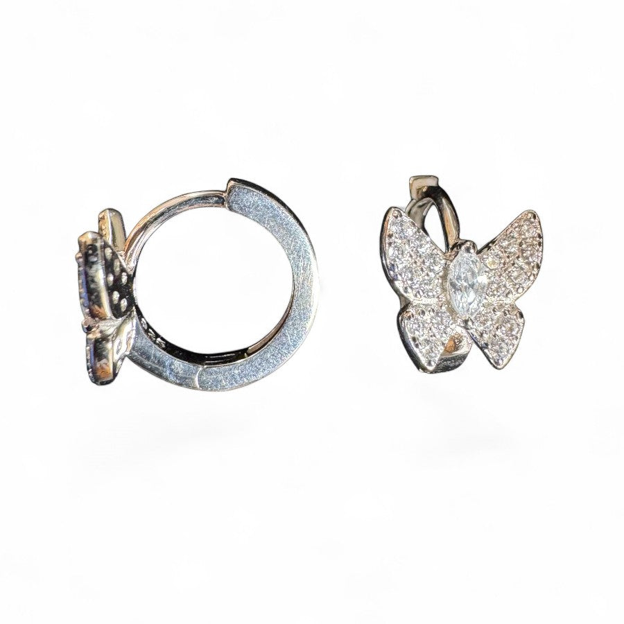 Gold Plated CZ Butterfly Drop Hoop Earrings - Silver - ECZ9903