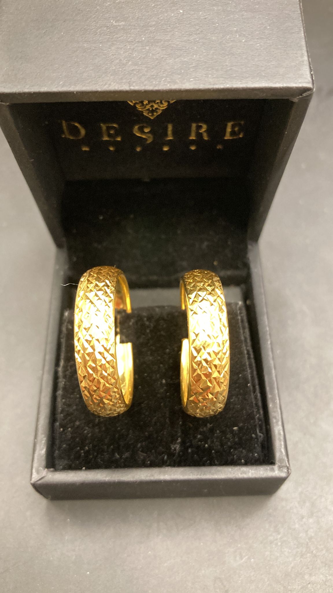 Sterling Silver Gold Plated Hoop Earring EP10236Y displayed in a Desire jewelry box, showcasing gold plated sterling silver hoop earrings.