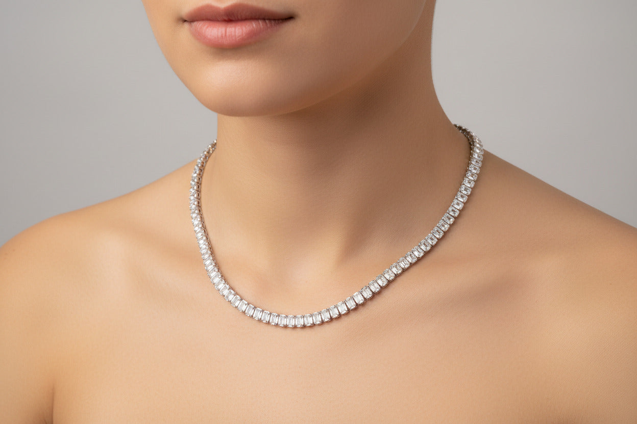 Sterling Silver Iced Out Emerald Cut Necklace NCZ010