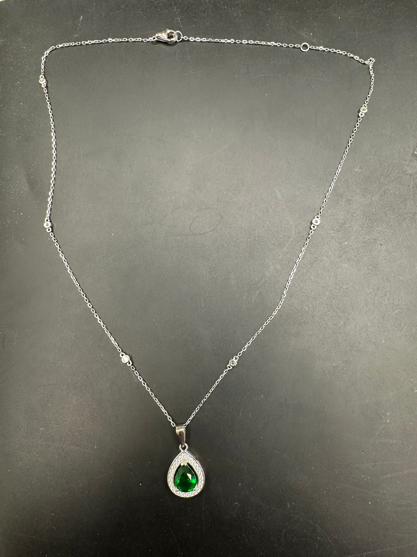 Sterling Silver Cz Pear Shape Necklace NCZ019 featuring a green gemstone and elegant design, pear shape cz necklace.