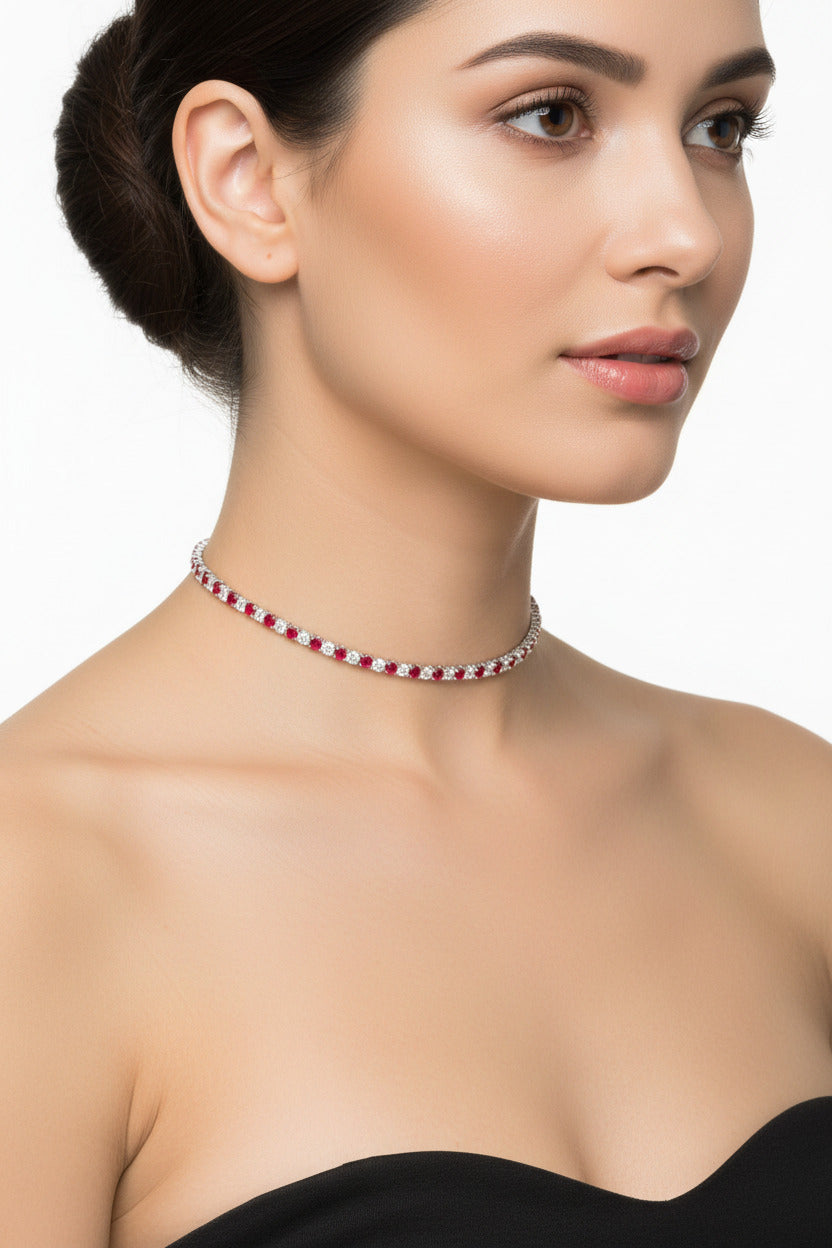 Sterling Silver Tennis Necklace Red-White CZ Stone NCZ106RW