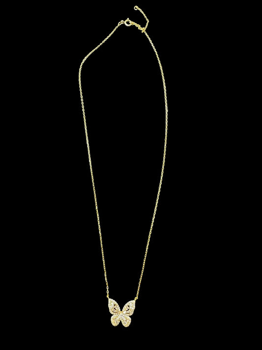 Sterling silver butterfly necklace NCZ1020 with gold plated finish and sparkling details on a dark background.