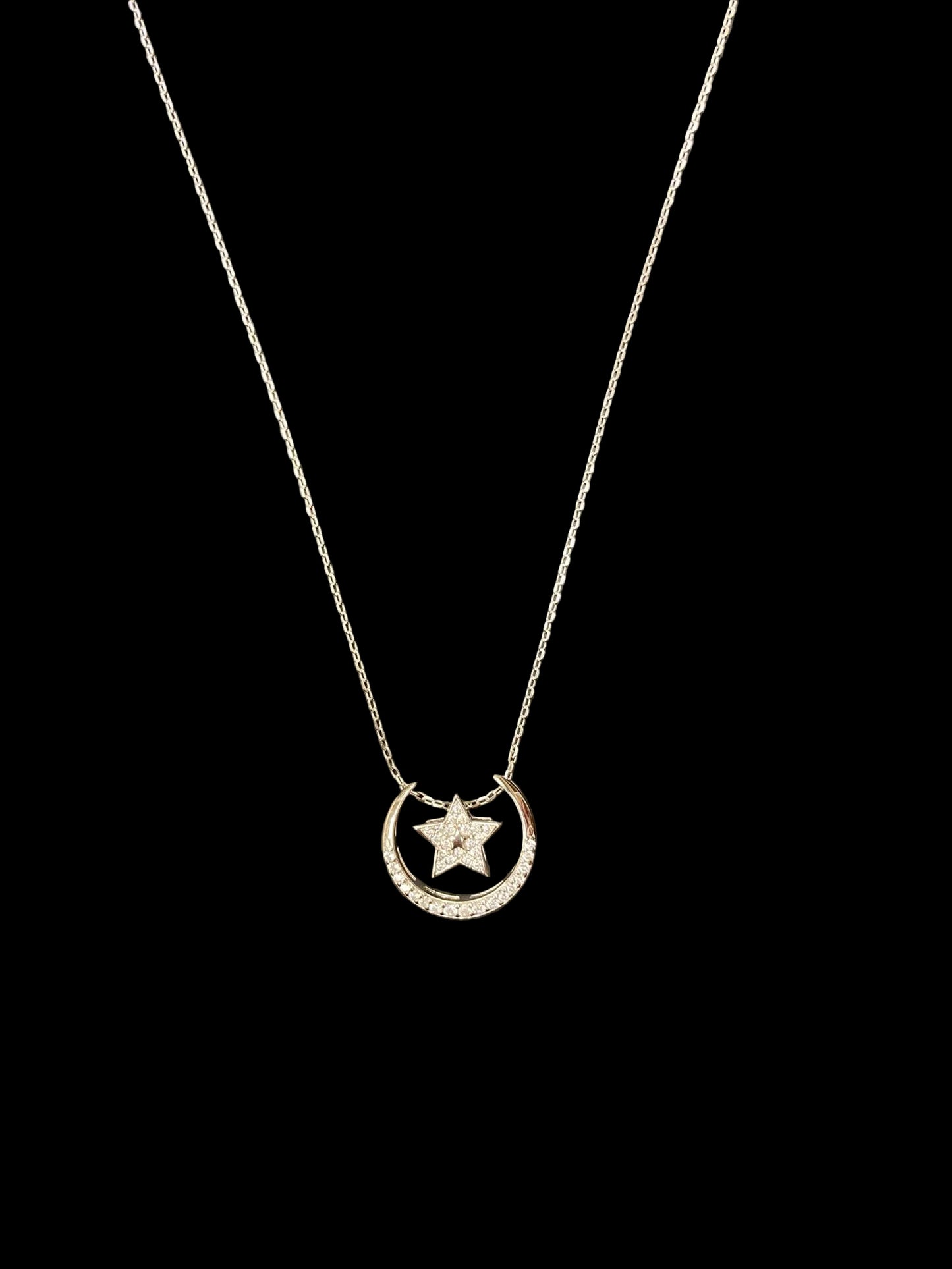 Sterling Silver Moon&Star Necklace CZ Stone NCZ9557