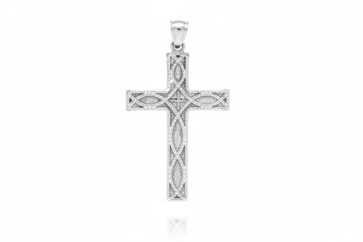 Sterling Silver Cross Pendant PP021270245 showcasing intricate details and polished finish, measuring 6 x 26 x 46 mm.