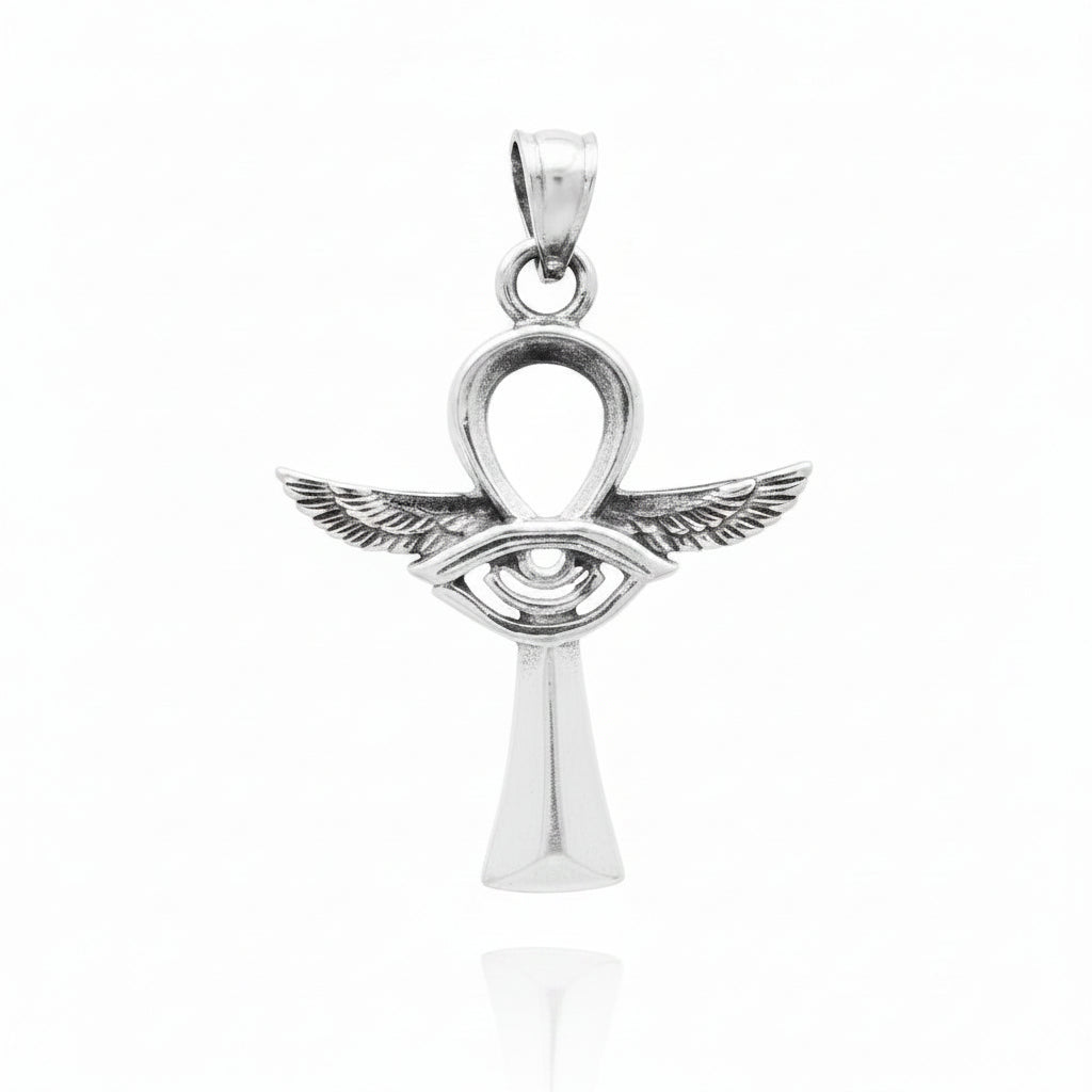 Sterling Silver Wings & Eye Ankh Cross Pendant PP021620016, a sterling silver ankh cross pendant measuring 24x31mm.