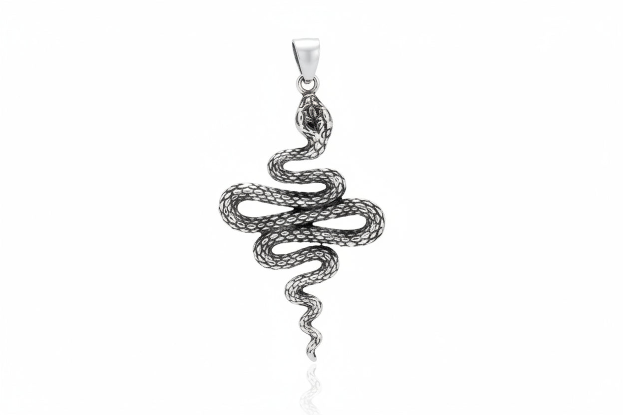 Sterling Silver Plain Snake Pendant PP021620033, 26x52mm sterling silver snake pendant with intricate design.
