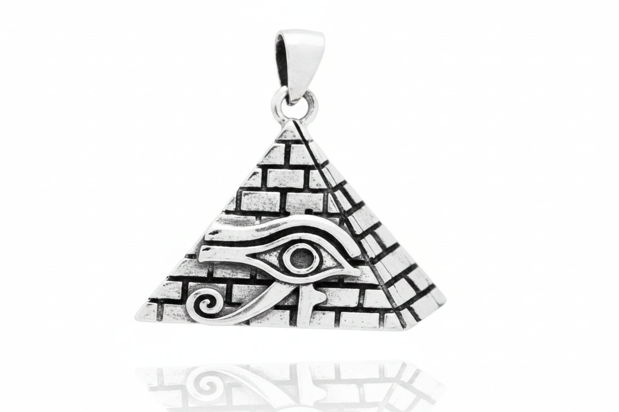 Sterling Silver Eye Of Horus Pyramid Pendant PP021620073, 28x24mm, showcasing intricate detailing of the Eye of Horus pyramid pendant.