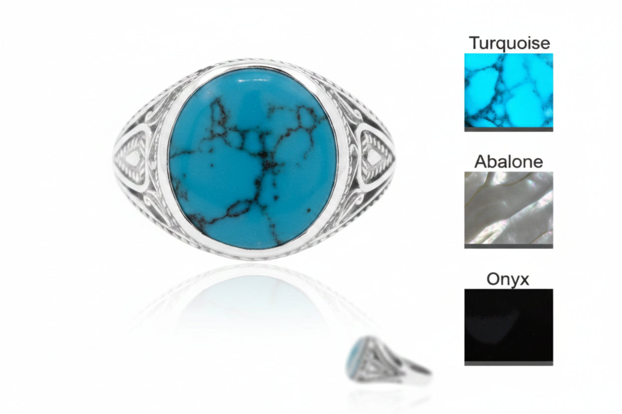 Sterling Silver Turquoise Ring TQ130010042 featuring a 15 mm turquoise stone and intricate silver detailing.