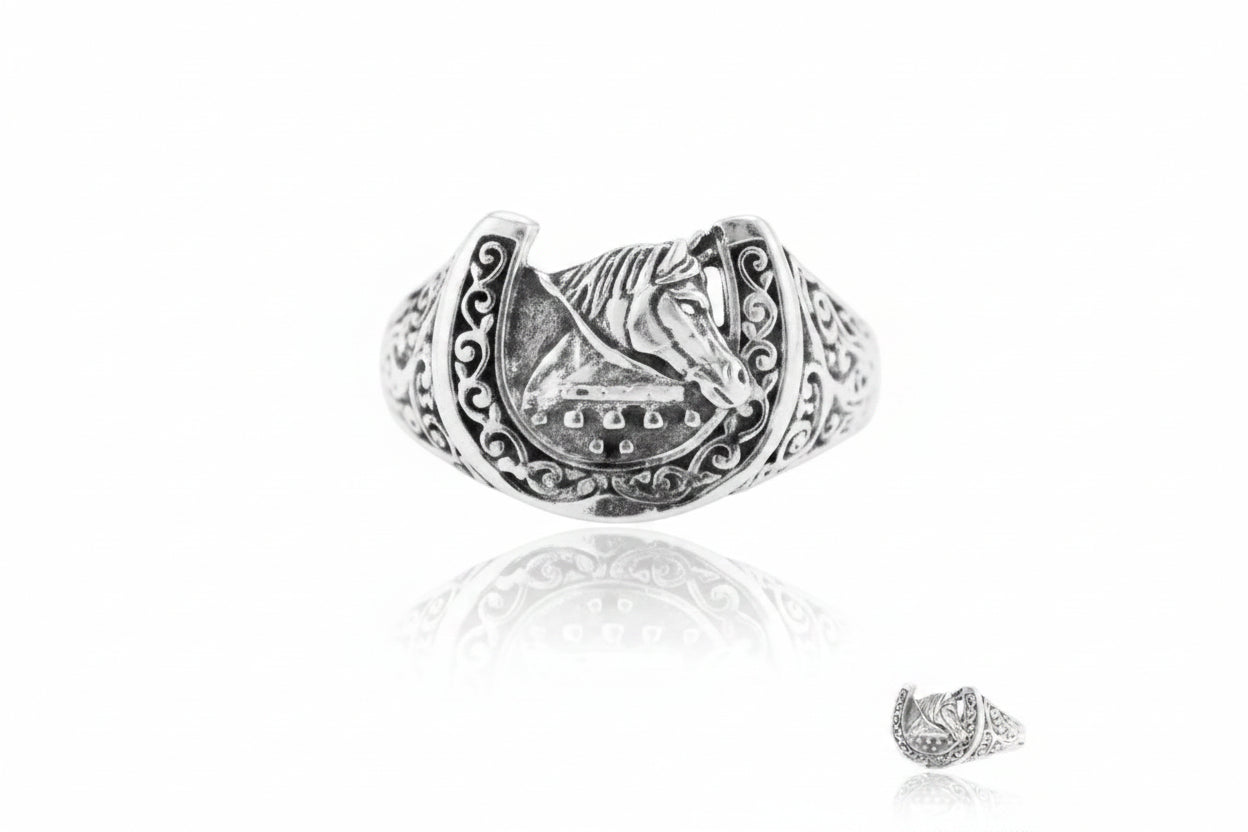 Sterling silver horse ring with intricate designs and a 12 MM horse motif.