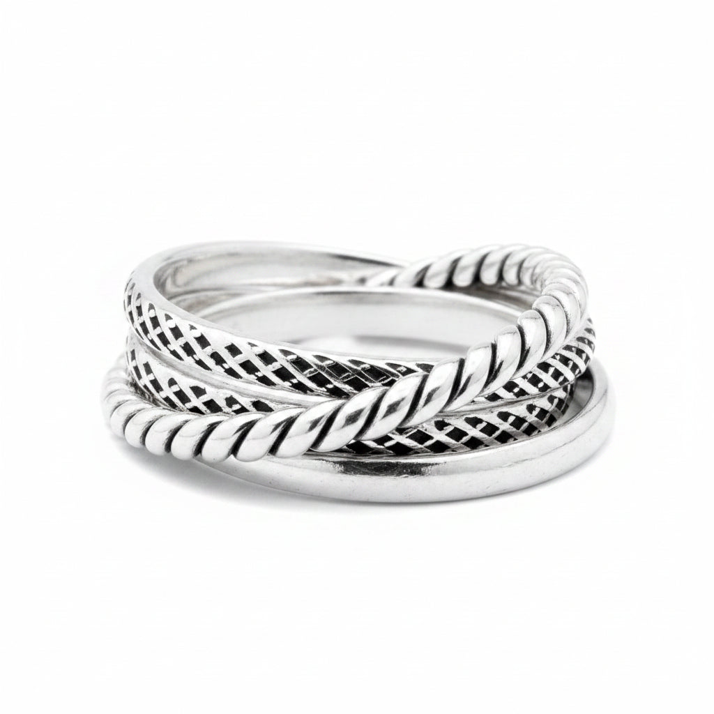 Sterling Silver Triple Ring TQ020690076 featuring intricate braided and twisted designs. Perfect for stacking or solo wear.