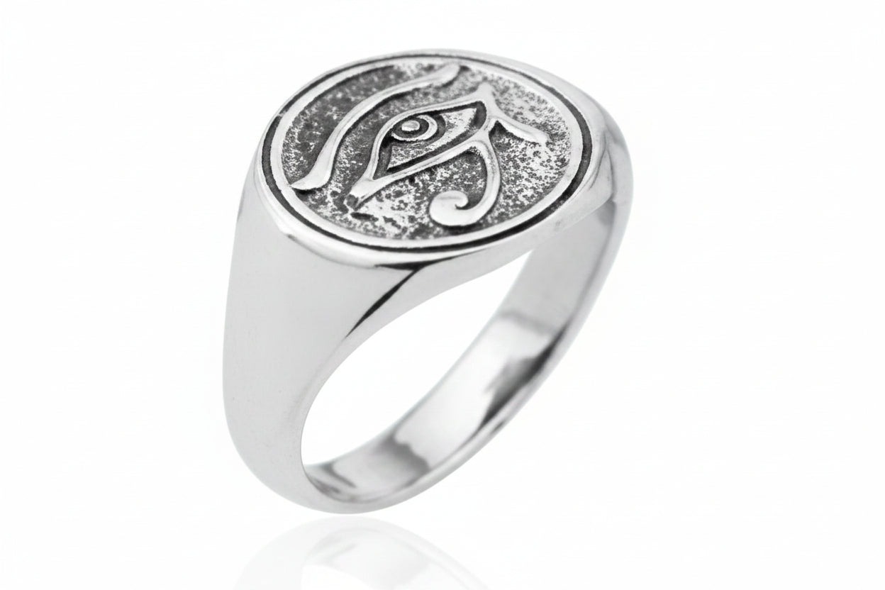 Sterling Silver Eye Of Horus Ring displayed with a round design and polished finish, 12 mm.