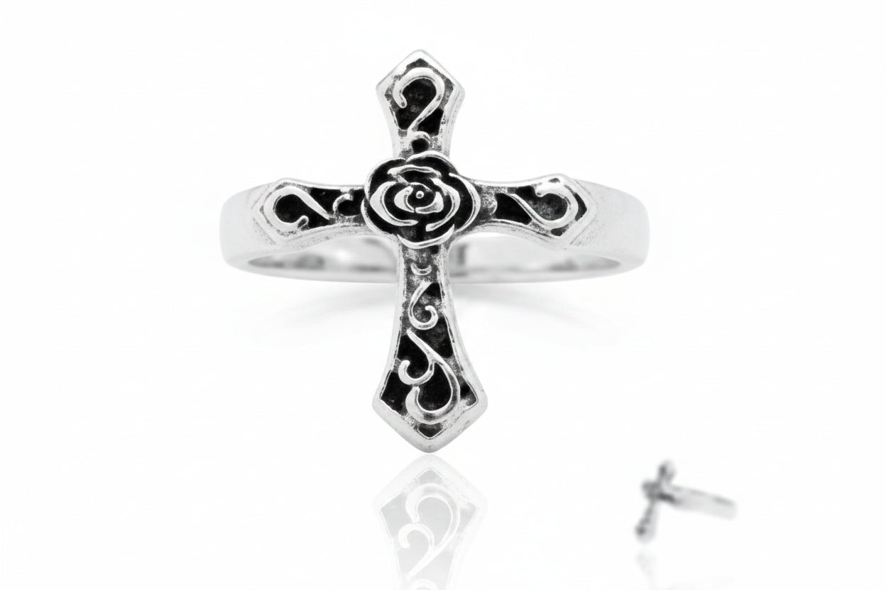 Sterling Silver Cross Ring TQ021620380 with intricate design, 23 MM, showcasing the sterling silver cross ring.