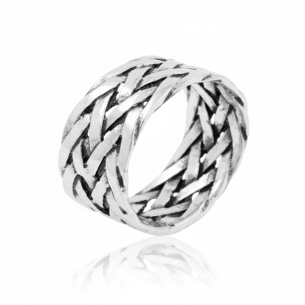 10mm sterling silver braided ring on a white background, showcasing a unique woven design.