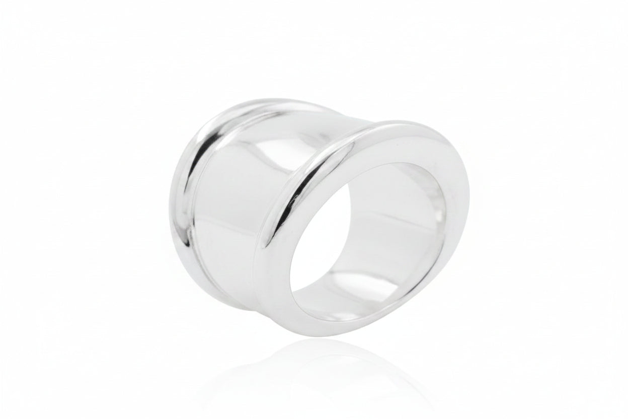 Plain sterling silver ring displayed from different angles, showcasing its elegant design and polished finish.