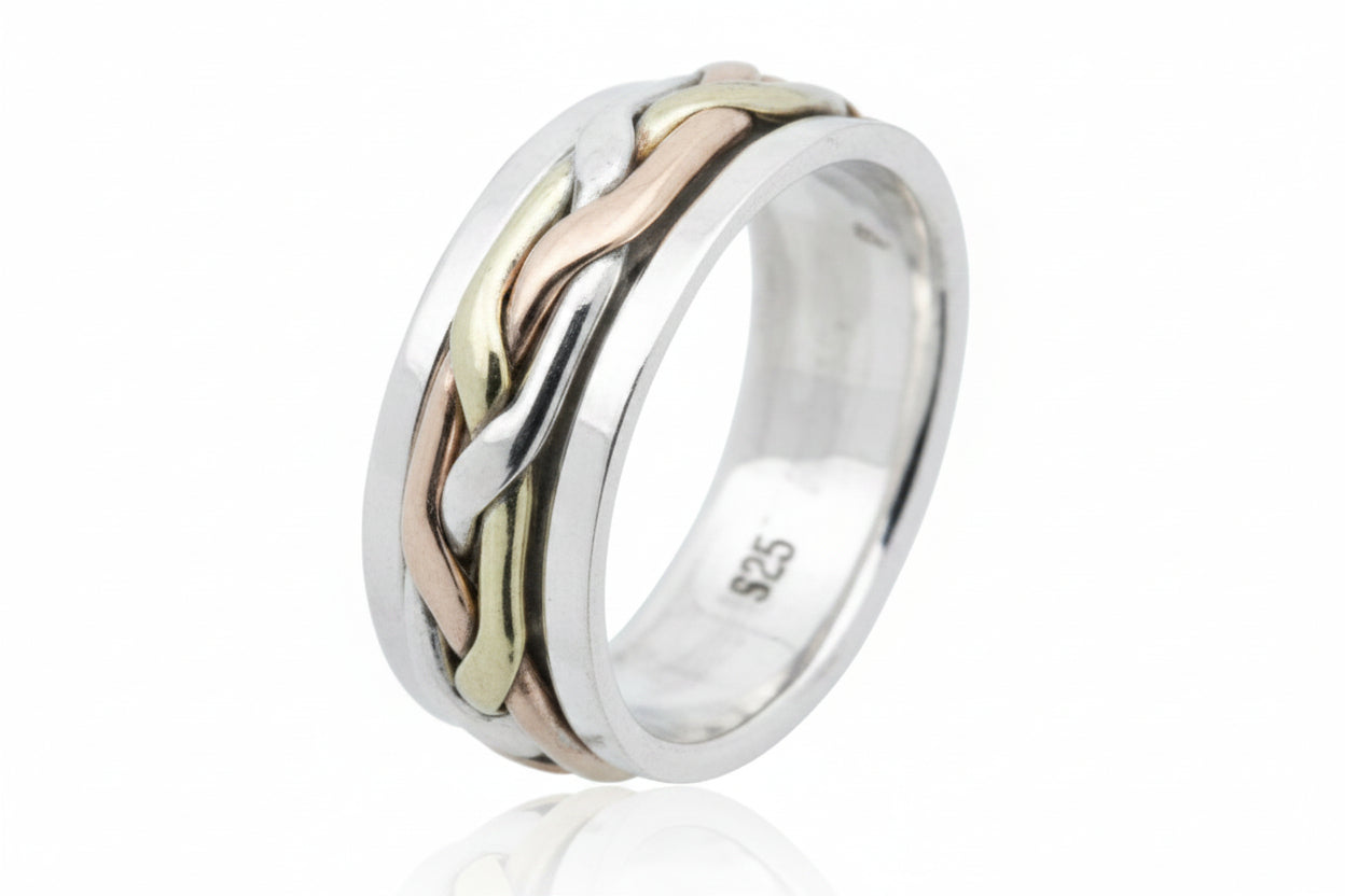 Sterling Silver Triple Color Spinner Ring TQ180900005 featuring a 6MM design with tri-color accents.