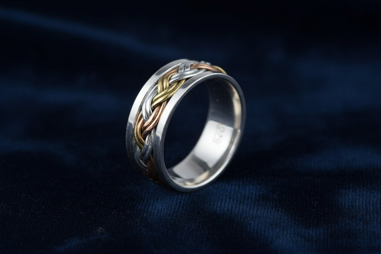 Sterling Silver Triple Color Spinner Ring TQ180900011, stylish 7 mm design with braided colors.