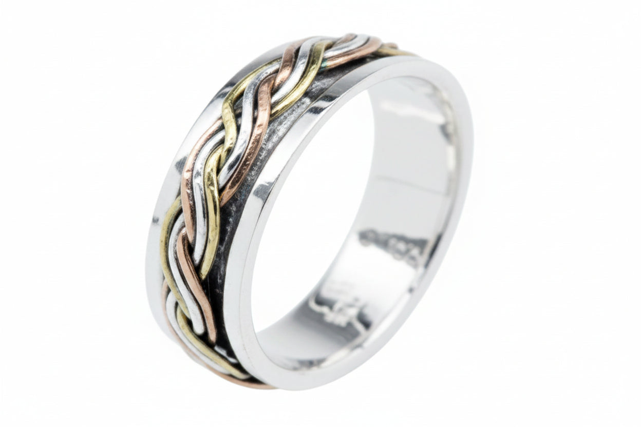 Sterling Silver Triple Color Spinner Ring TQ180900015, 6mm stylish design with multi-colored bands.
