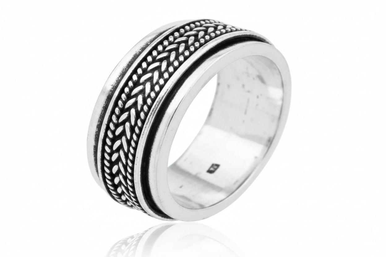 Sterling Silver Plain Pattern Spinner Ring TQ230600006, 10mm wide with intricate black pattern.