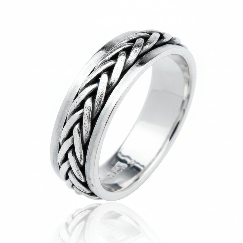 Sterling silver spinner ring 6mm with a braided design, perfect for stylish jewelry options.