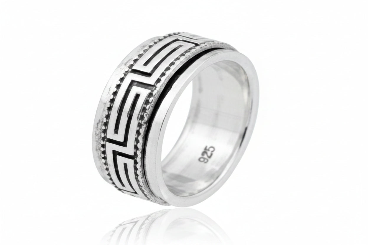 Sterling silver Greek key spinner ring TQ230900141 showing intricate design and polished finish.