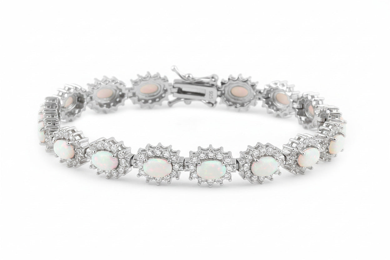 Silver bracelet with white opals