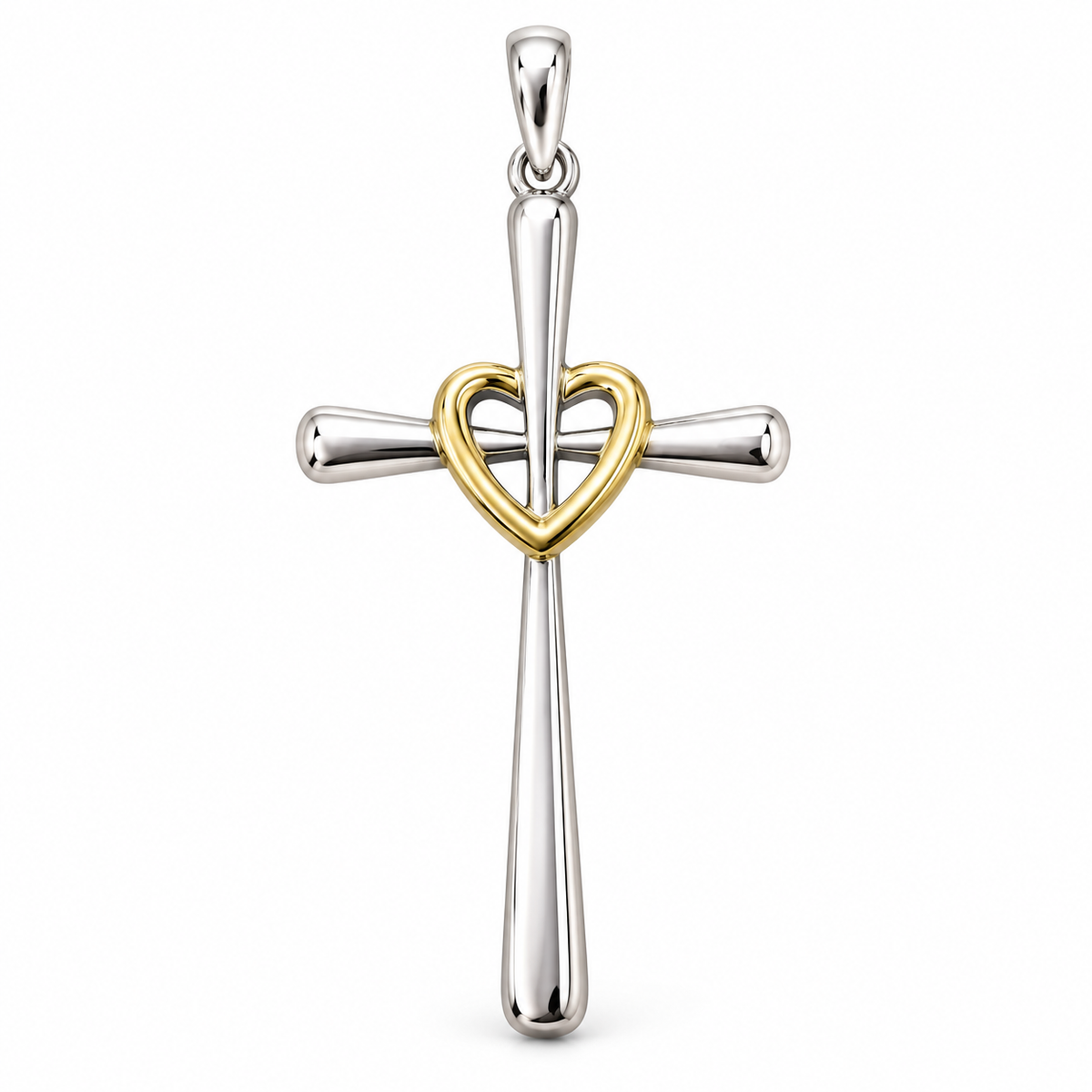 Sterling silver cross pendants featuring a heart design in gold, symbolizing elegance and spirituality.