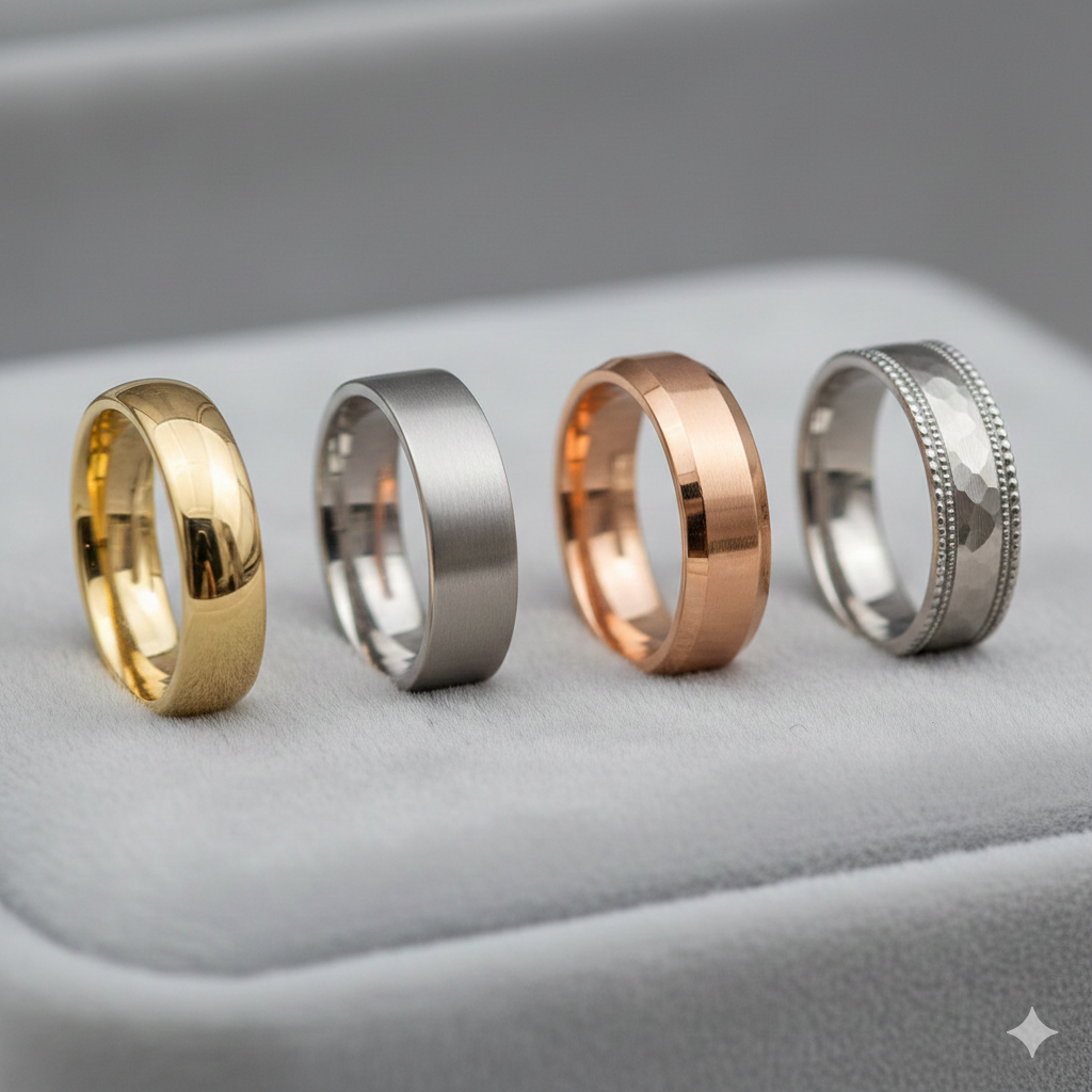 Four unique wedding bands displayed: gold, silver, rose gold, and intricate silver design.