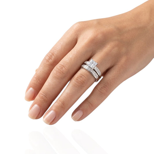 Sterling Silver Double Set Ring Square CZ Stone RCZ8149