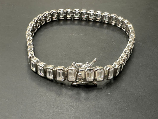 Sterling Silver Emerald Cut Tennis Bracelet BCZ009