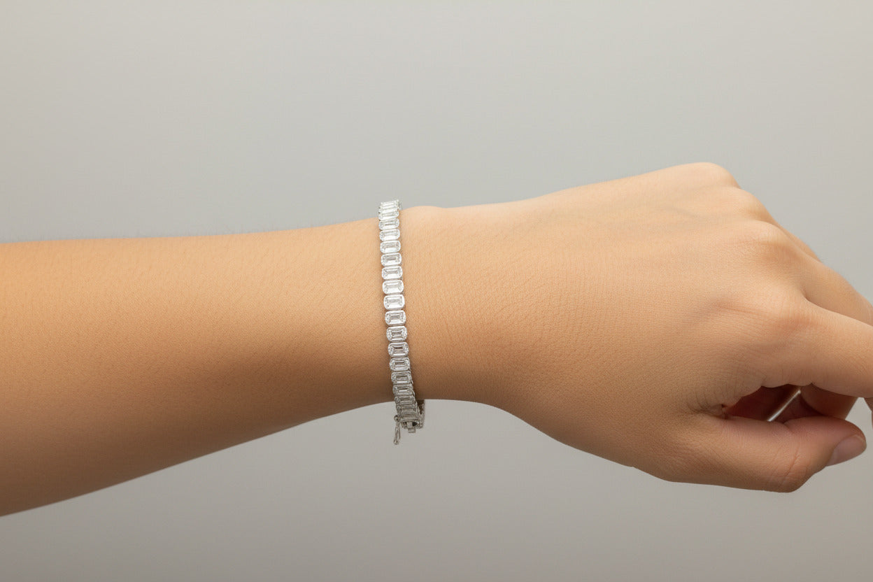 Sterling Silver Emerald Cut Tennis Bracelet BCZ009