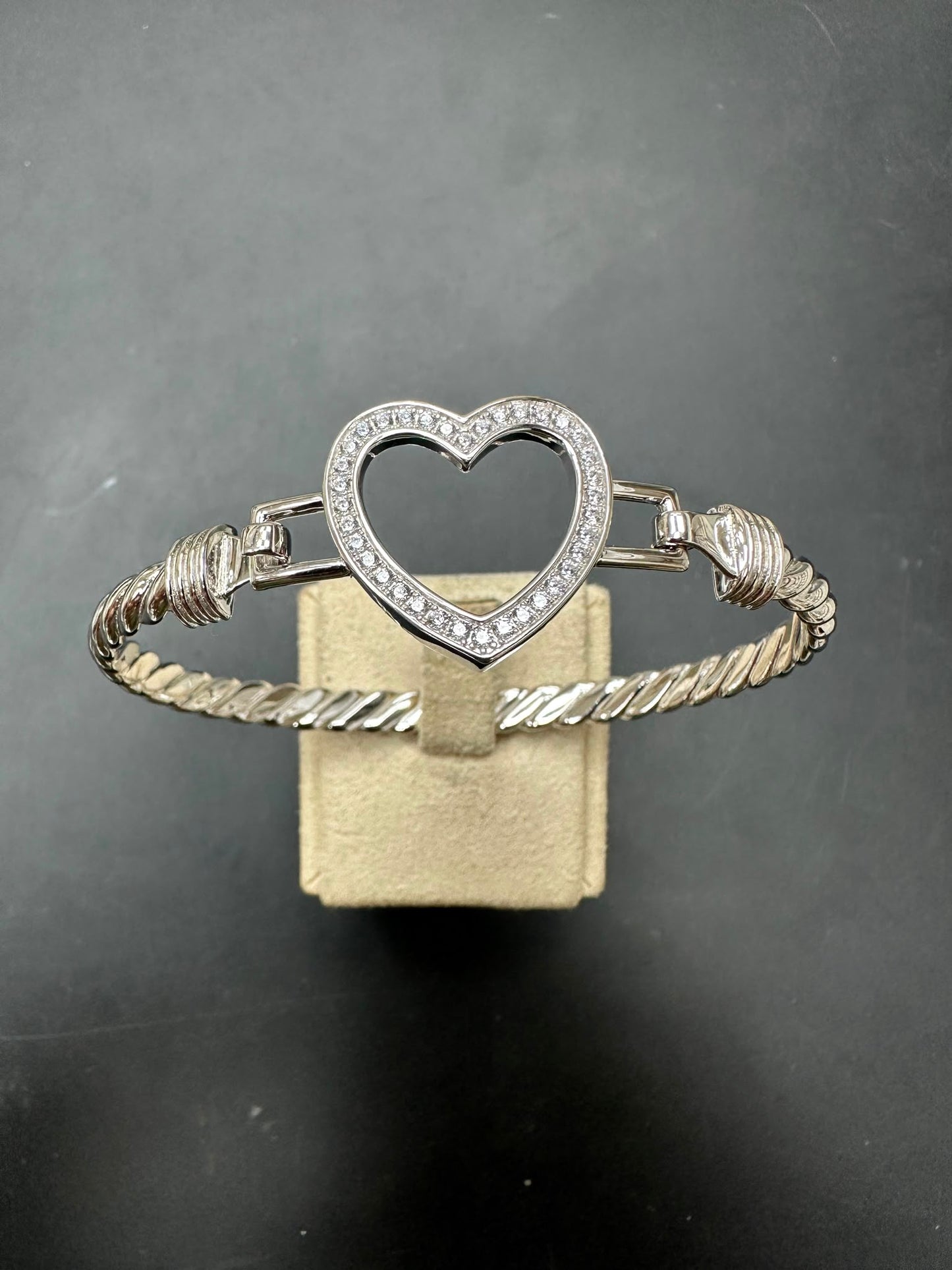 Sterling silver open heart bangle with CZ stone, intricate twisted design, large size, color: white.