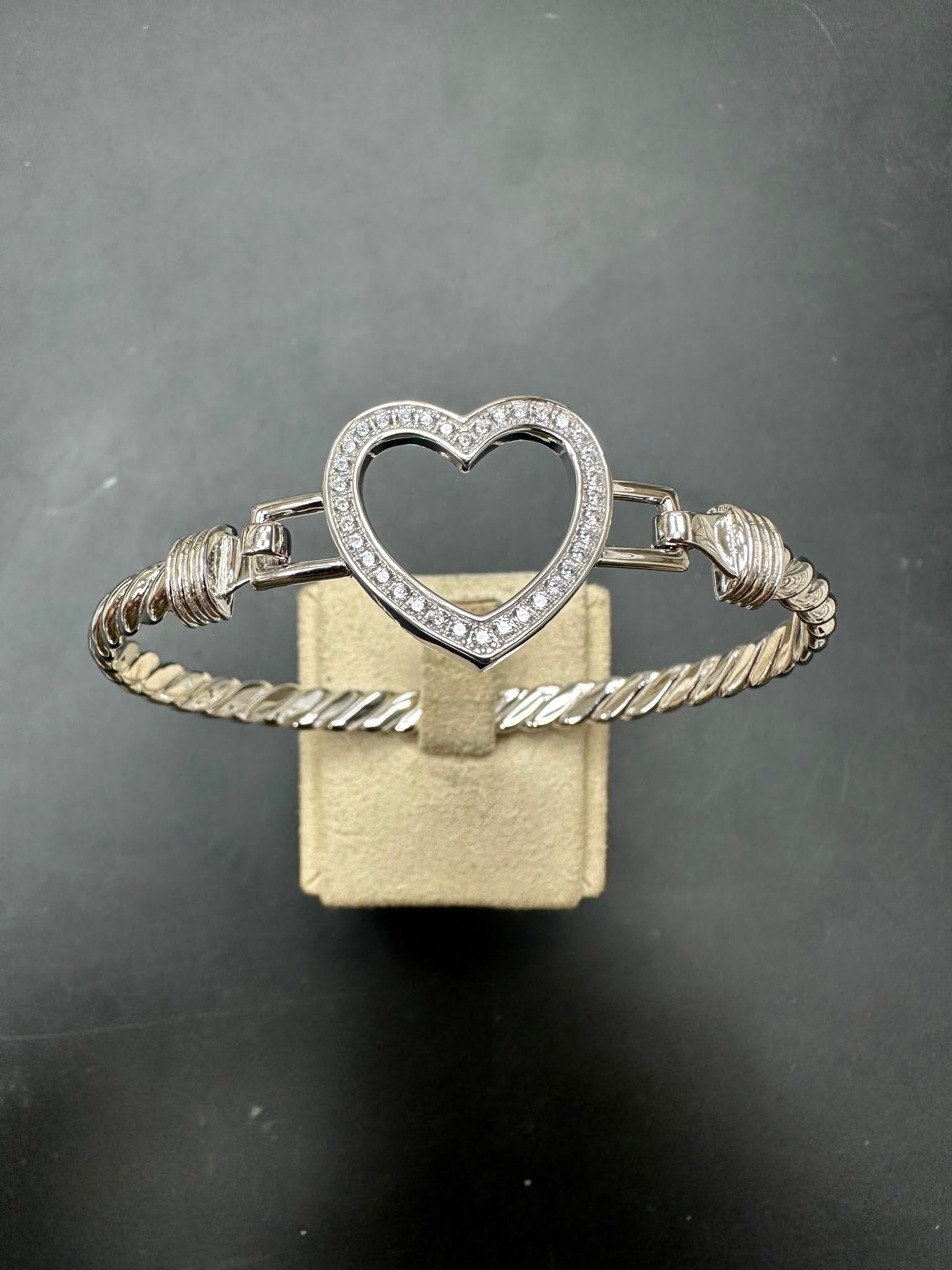 Sterling silver open heart bangle with CZ stone, intricate twisted design, large size, color: white.