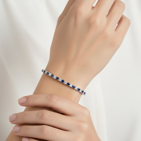 Sterling Silver 7.5" Tennis Bracelet White-Blue 3 MM CZ Stone BRCZ106WB