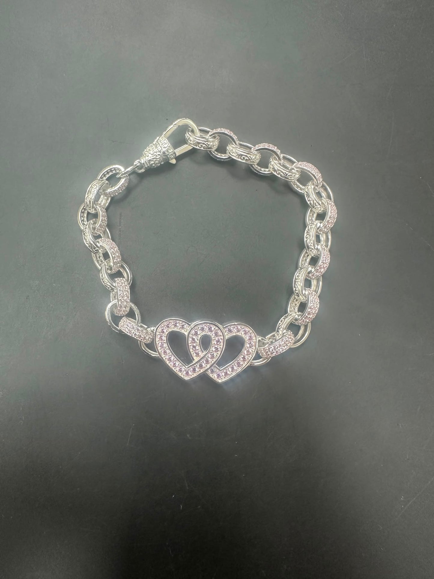 Sterling Silver Pink Cz Pattern Link Open Double Heart Belcher Bracelet, a stunning sterling silver heart bracelet.